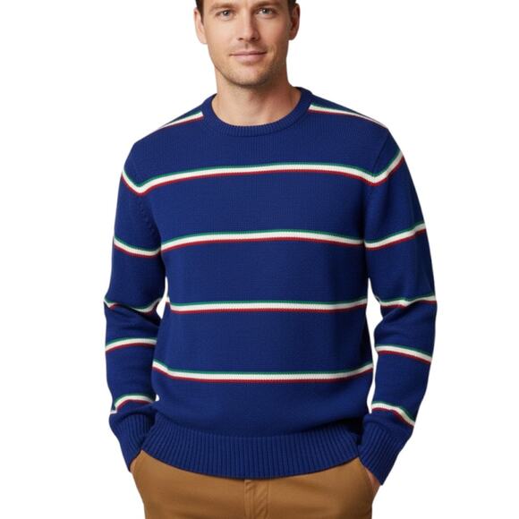 Vintage Boston Traders Mens Knit Sweater Striped Crew Neck Tight Knit Med Navy - Picture 1 of 12